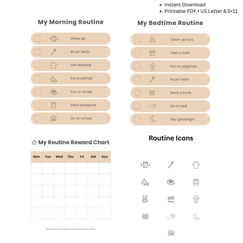 Kids Daily Routine Chart Printable | Morning & Bedtime Visual Schedule ...