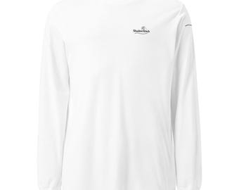 Camiseta de manga larga con detalle de costura y logo ShadowStitch, camiseta minimalista de estilo urbano, top con costura trasera distintiva.