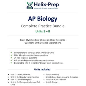 May include: A white document titled "AP Biology Complete Practice Bundle" with the Helix-Prep logo. The document lists units 1-8, exam-style questions, and detailed explanations. It includes a list of units and key features.
