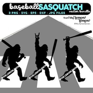 May include: Three black silhouette illustrations of Sasquatch figures holding baseball bats. The figures are walking across a crosswalk, with the first figure holding a bat in a normal grip, the second figure holding a bat with a rock and roll hand gesture, and the third figure holding a bat above their head. The text "baseball SASQUATCH" is at the top of the image, and the text "from: the lemon lemon" is at the bottom of the image.