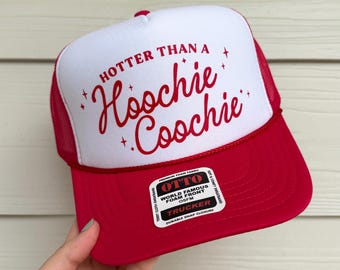 Hotter Than a Hoochie Coochie Trucker Hat – Funny 90s Country Music Hat, Retro Southern Snapback, Flirty Cowgirl Hat, Summer Concert Hat