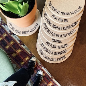8-inch Plant Mat / Funny Cork Plant Mat – Millennial & Gen Z Humor, Personalized Gift Surface Protector for Pots + Plants