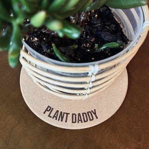 May include: A round cork coaster with the text "PLANT DADDY" printed in black. A small potted plant with green leaves sits on top of the coaster.