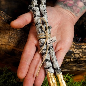 May include: Two birch branches, painted with black and white patterns, are tied together with twine. The ends are dipped in gold paint. A small tag reads "Sara Goldwitch". The branches are held in a hand.