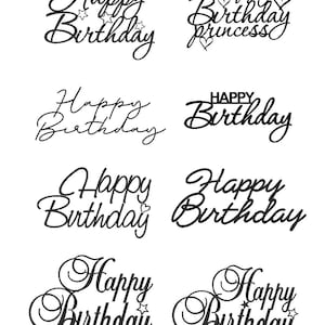 Puede incluir: Una colección de diseños de texto negro en cursiva que dicen "Happy Birthday" y "Happy Birthday Princess". Algunos diseños incluyen estrellas y corazones. Probablemente sean adornos para pasteles o decoraciones para fiestas.