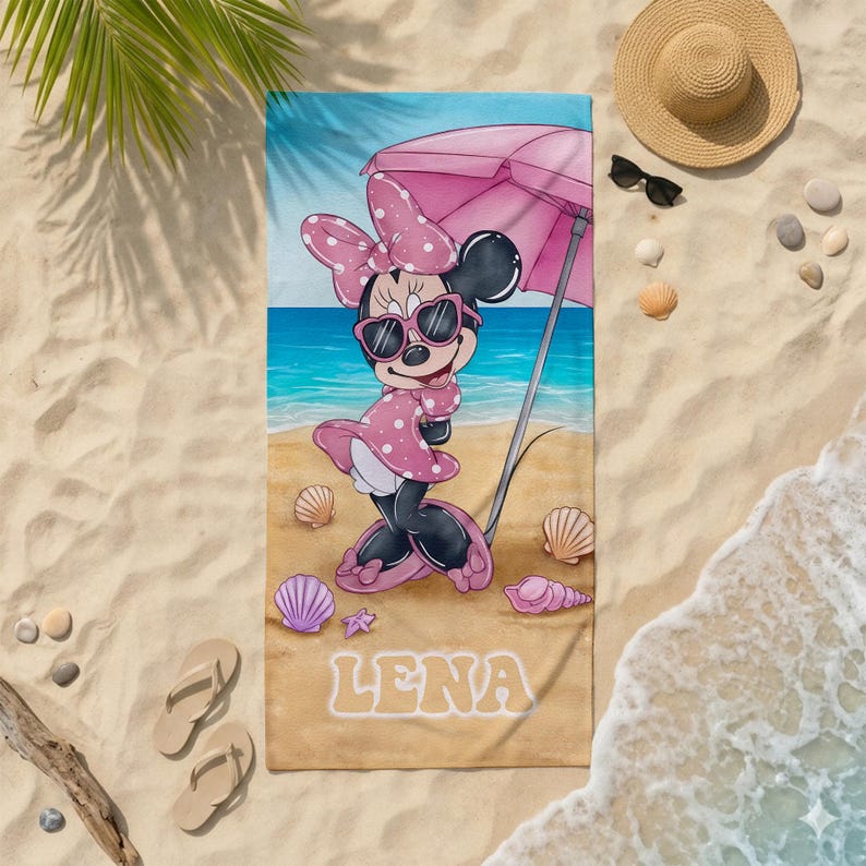 Personliga Mimmi Pigg strandhanddukar, Mimmi badhandduk för poolen, Mus-handduk med sommarvibbar, Musse Pigg flickvän familjesemesterhandduk, Magic Kingdom bild 2