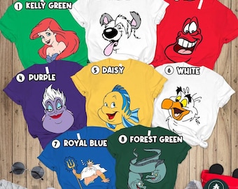 Disneyland De kleine zeemeermin gezicht overzicht familie bijpassende shirt, shirt Halloween kostuum 2026, shirt Ariel Flounder Sebastian Ursula