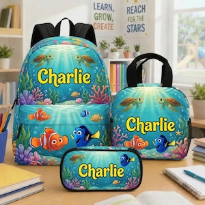 Personalized Sea Turtle Backpack, Custom Name School Bag, Ocean Fish Lunch Box, Gift for Boy, Aquarium Theme Bookbag