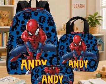 Mochila personalizada do Homem-Aranha, material escolar, mochila com lancheira, estojo personalizado, presente de super-herói para meninos.