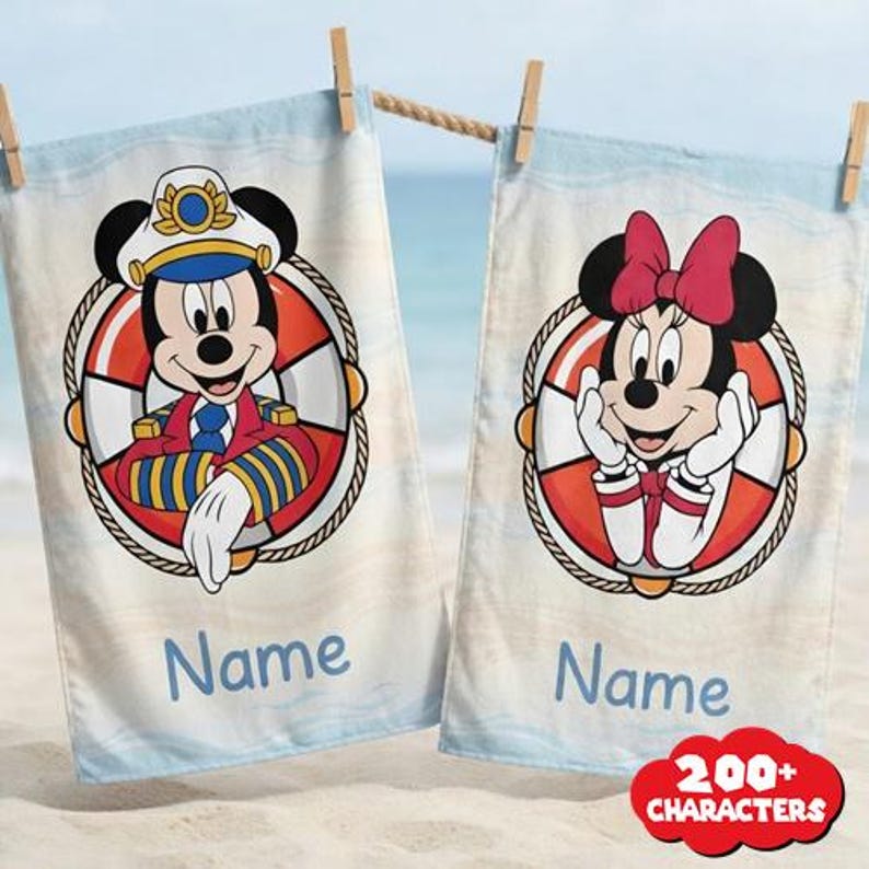 Personalized Disney Cruise Beach Towel, Nautical Mickey Mouse, Vacation Gift image 1