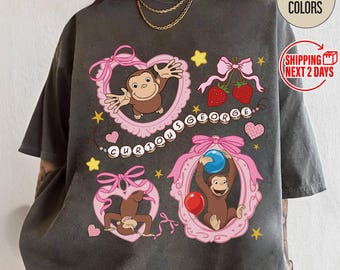 Comfort Colors Coquette Bow Curious George Shirt, Stay Curious, Nostalgic Cartoon Tee, Travel & Learning Gift, Curious George Birthday Shirt