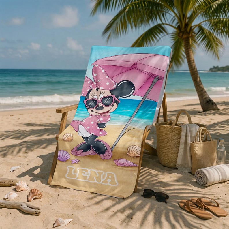 Personliga Mimmi Pigg strandhanddukar, Mimmi badhandduk för poolen, Mus-handduk med sommarvibbar, Musse Pigg flickvän familjesemesterhandduk, Magic Kingdom bild 4