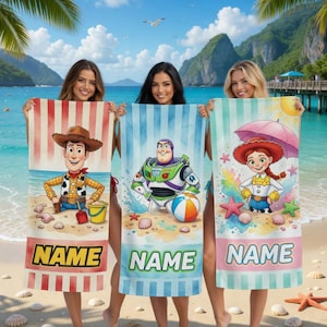 Personalized Toy Story Jessie Woody Buzz Lightyear Beach Towel, Marvel Pool Party Towels, Style Bridesmaid Towel Birthday Gift image 1