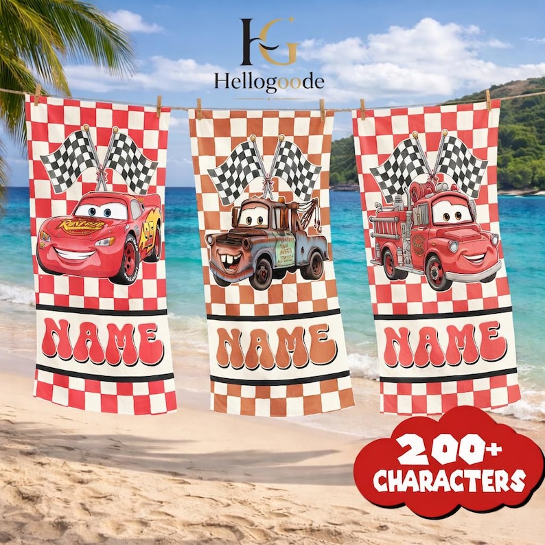 Personalisierte Disneyland Pixar Cars Film Strandtuch, McQueen Tow Mater Handtuch, Cars Film Liebhaber Geschenk Strandtuch, Disneyland Strandtuch Bild 1