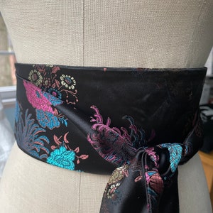 Asian brocade obi belt sash, black multi print obi , obi belt sash, modern obi , pink aqua sash belt