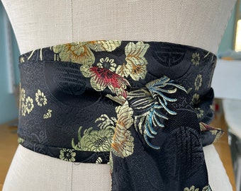 Black brocade obi belt sash, Asian brocade modern obi , floral brocade obi , waist cincher, bridal belt, wedding sash
