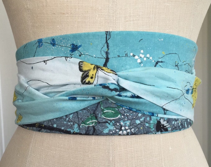 Japanese Printed Cotton Obi Belt, Blue Gray Obi Belt Sash, Butterfly
