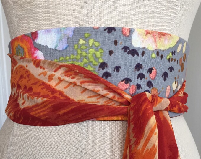 Cotton Printed Obi Sash Belt, Orange Gray Printed Cotton Obi, Floral