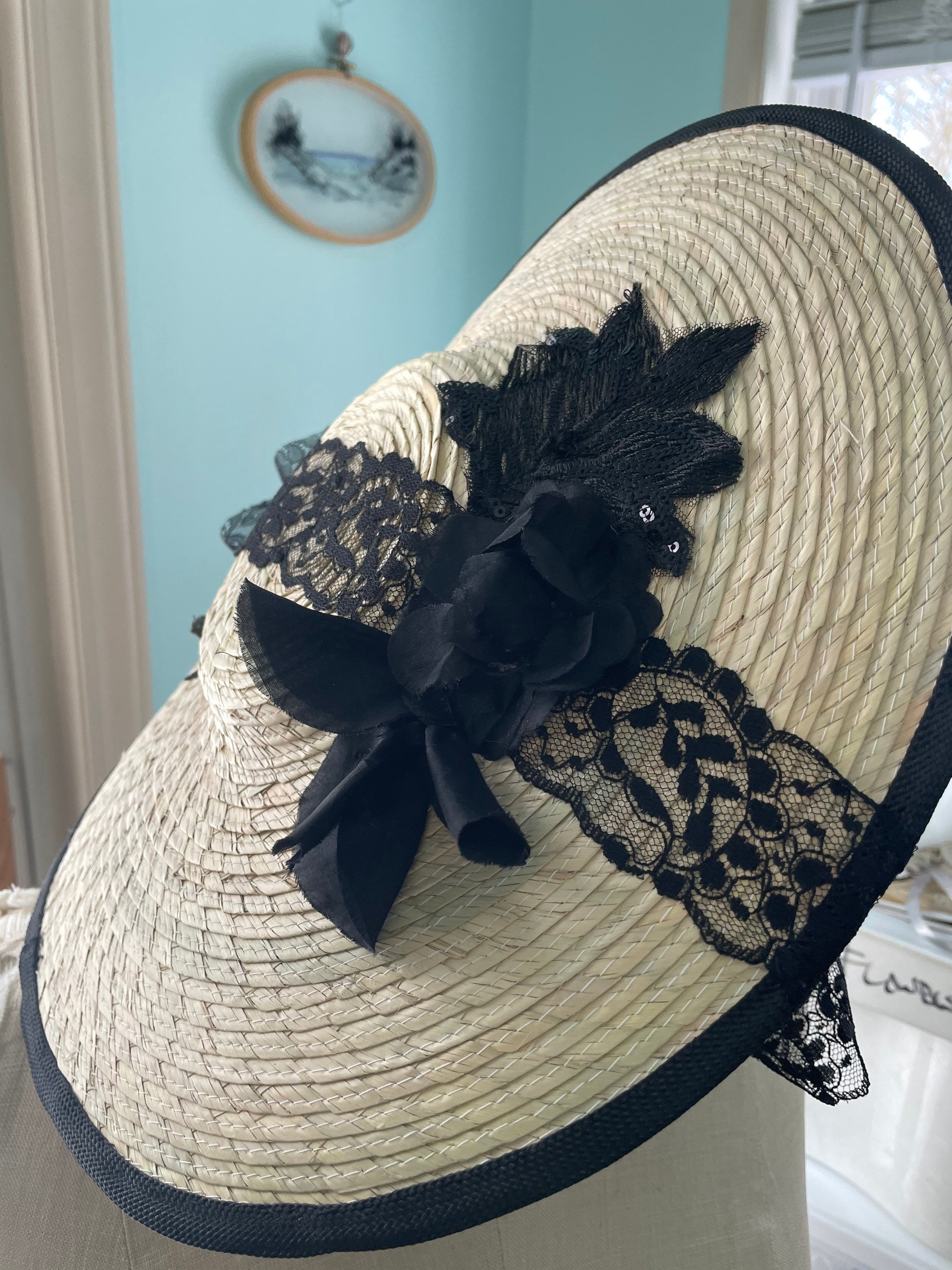 Bergere straw hat 18th century straw hat, regency bonnet, straw hat,  georgian era hat black silk hat, black lace straw hat historical