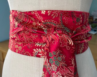 Red Asian brocade obi belt sash , red satin obi , wedding sash , bridal belt, red obi , waist cincher, reversible obi
