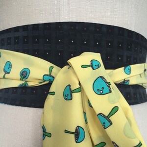 Mushroom print obi sash belt, obi sash belt yellow print, aqua print obi belt, reversible obi sash belt, quirky obi