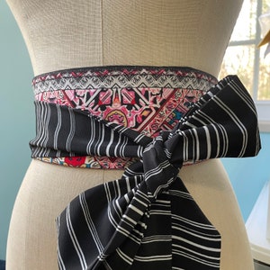 Graphic print obi belt sash, pink print obi belt, black white striped obi, reversible obi sash , waist cincher