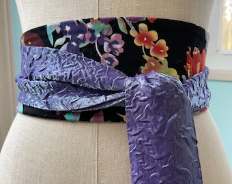 Purple obi sash belt , floral print obi , purple obi , paint swatches print obi , obi belt sash , reversible obi , black floral fabric sash