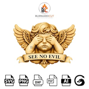 Pode incluir: Uma escultura detalhada de querubim dourado, com os olhos fechados e as asas abertas. O texto "SEE NO EVIL" é exibido em uma faixa abaixo. A imagem inclui ícones de tipo de arquivo para design digital.