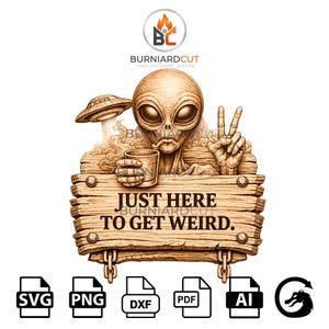 May include: A wooden sign with the text "JUST HERE TO GET WEIRD" features an alien holding a mug and giving a peace sign. A UFO hovers above. The design is in shades of brown and tan.