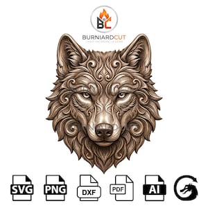 May include: A detailed brown wolf head design with swirling patterns. The image includes the text "BURNIARDCUT LASER ENGRAVING DESIGNS" and file type icons for SVG, PNG, DXF, PDF, and AI.