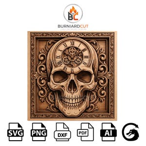 Pode incluir: Uma obra de arte de parede em madeira com uma caveira com um mostrador de relógio e engrenagens. O design é emoldurado com volutas ornamentadas. O texto "BURNIARDCUT" e os ícones de tipo de arquivo são visíveis.