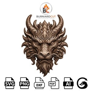 May include: A detailed, brown dragon head carving with horns and intricate details. The image includes file type icons for SVG, PNG, DXF, PDF, and AI formats, along with a dragon logo and the text "BURNIARDCUT LASER ENGRAVING DESIGNS".