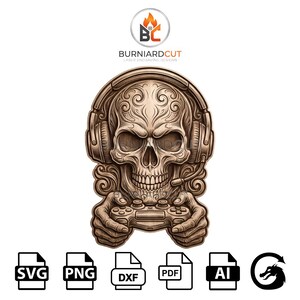 May include: A detailed illustration of a skull wearing headphones and holding a game controller. The skull has intricate patterns and is in a neutral color palette. The image includes the text "BURNIARDCUT LASER ENGRAVING DESIGNS" and file type icons.