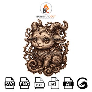 May include: A detailed illustration of a cute goat-like creature with large eyes, horns, and gear-like accents. The design is in shades of brown and tan, with intricate details. The image includes the text "BURNIARDCUT LASER ENGRAVING DESIGNS" and file type icons.