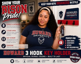 Howard University Dorm Key Holder | Personalized Wall Key Rack | HBCU Dorm Decor | 3D Printed Key Organizer | Gift for Howard Students