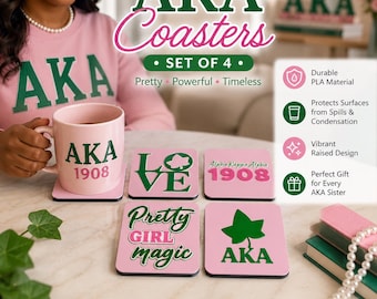 Alpha Kappa Alpha Coaster Set with Holder – AKA Sorority Gift – Pink and Green Desk Decor – Greek Life Coasters – AKA Ivy Coasters