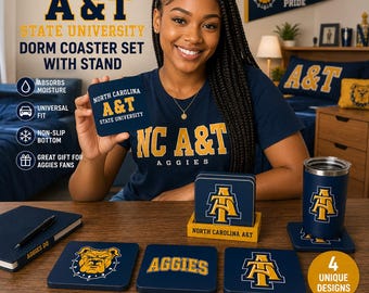 North Carolina A&T Coaster Set with Stand | NCAT Dorm Decor | Aggies Gift | HBCU Coasters