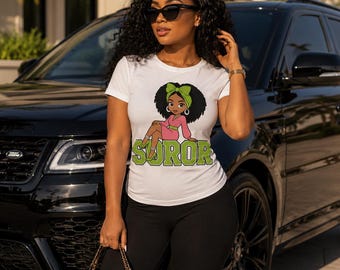 Skee Wee Inspired Soror Cartoon Girl T-Shirt | Black Girl Magic, Green Accents