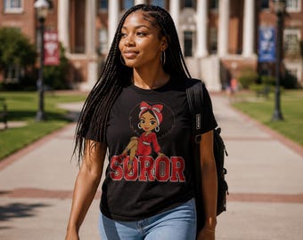 DTS Inspired Soror Cartoon Girl T-Shirt | Black Girl Magic, Red Accents