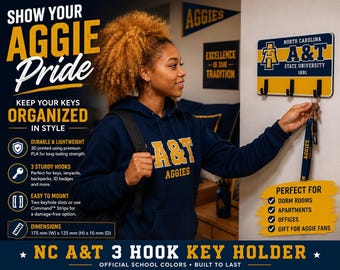 North Carolina A&T State University 3 Hook Key Holder | Aggies Dorm Room Decor |  HBCU Student  Alumni Gift
