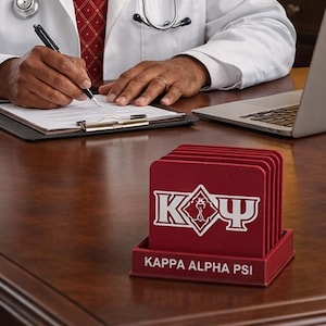 Kappa Alpha Psi Inspired 1911 Coaster Set with Holder | Red & White Greek Decor |