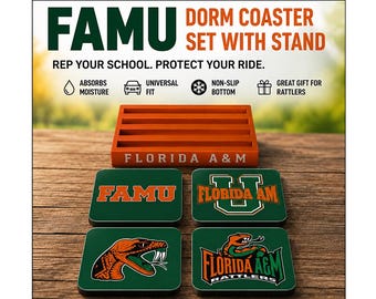 Florida A&M Dorm Coaster Set with Stand | FAMU Desk Coasters | HBCU Dorm Decor