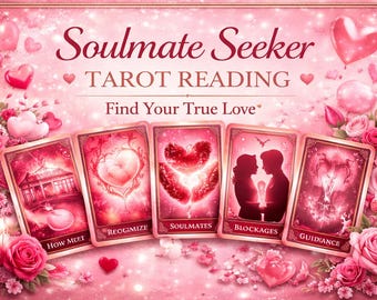 May include: A pink and red graphic with the text "Soulmate Seeker Tarot Reading" and "Find Your True Love." The image features five tarot cards with romantic themes, surrounded by roses and heart-shaped balloons.