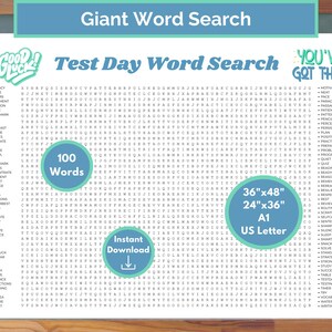 Test Day Giant Word Search Puzzle Printable Poster for Wall, Classroom Activity, Exam Week, State Testing Week, Standardized Test Game