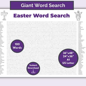 May include: A white Easter Word Search puzzle with 100 words, available as an instant download. The puzzle is available in 36"x48", 24"x36", A1, and US Letter sizes. The top banner reads "Giant Word Search".