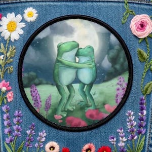 Hugging Frogs Iron-On Patch | Whimsical Frog Friends in the Moonlight, Best Friends Meadow