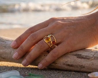 Bague en pierre d'ambre | Bague or multi-pierres | Bague effet coucher de soleil