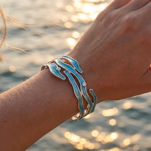Eryndor Bracelet, Wave Cuff Bangle, Ocean Zirconia Bracelet, Silver Gold Handmade Jewelry, Adjustable Beach Bracelet, Gift for Her
