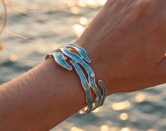 Eryndor Armband, Wellen-Armreif, Ozean-Zirkonia-Armband, handgefertigter Schmuck aus Silber und Gold, verstellbares Strandarmband, Geschenk für Sie