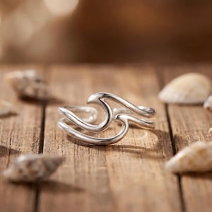 Undaria | Sterling Silver Wave Ring, Adjustable, Oxidized Silver Detail, Ocean Gift